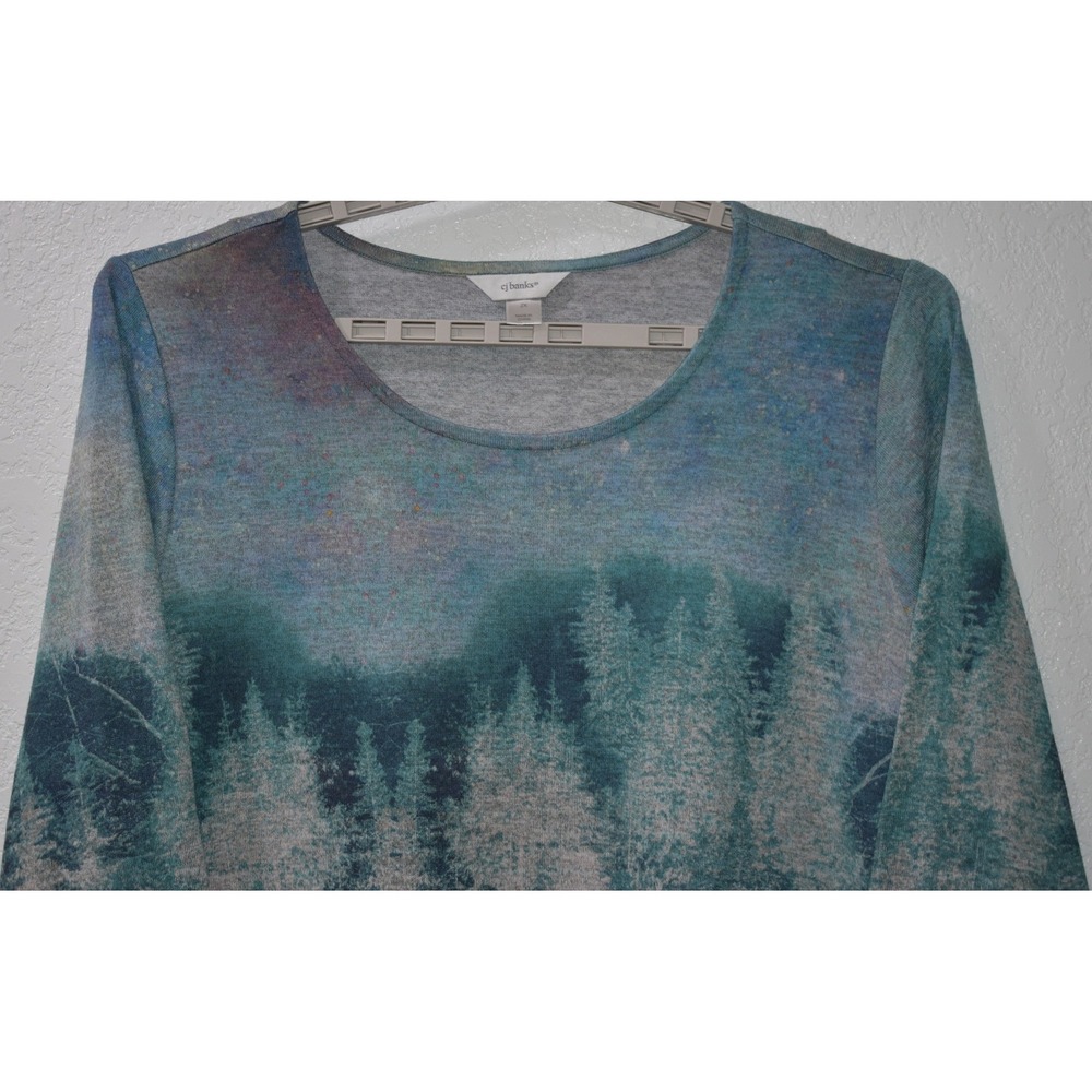 CJ Banks 2X Sweater Top Forest Landscape Print 3/4 Sleeve Comfy Soft Stretch 2X